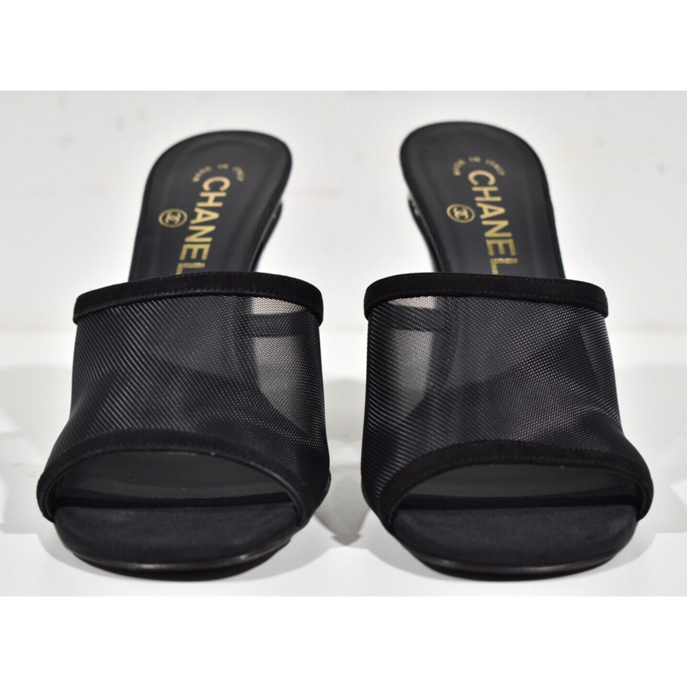 Chanel 22A Black Mesh Pearl CC Logo Block Heel Backless Mule Sandal Pump 41 - Picture 5 of 11